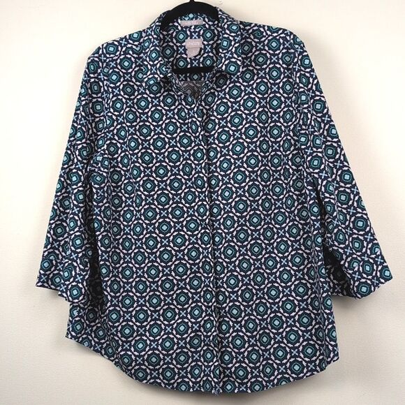 Chico's No Iron Cotton Square-Print Stain Shield 3/4 Length Sleeve Blouse Top - Picture 2 of 11